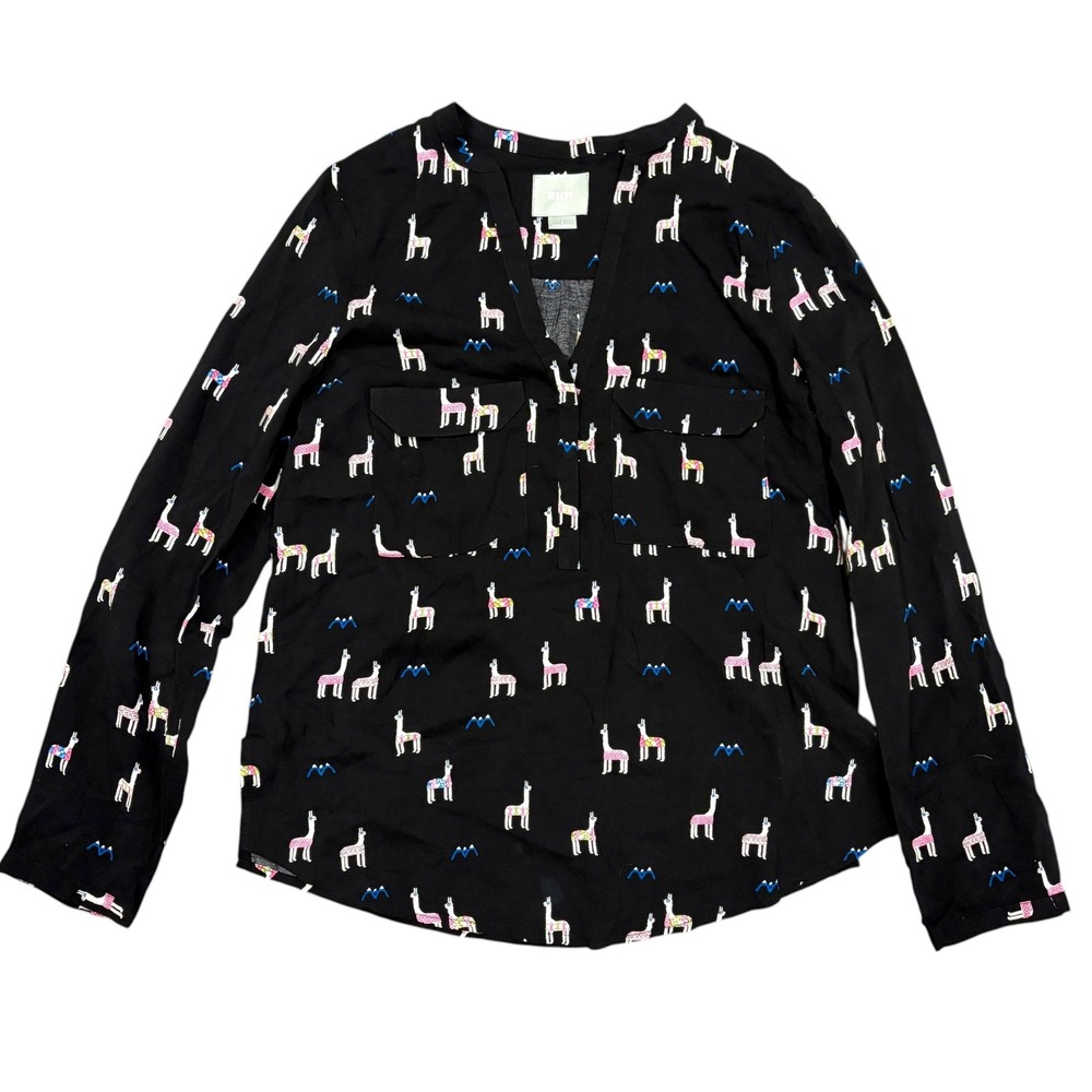 Maeve Anthropologie Womens 6 Blouse Black Llama Print Long Sleeve Whimsical Boho